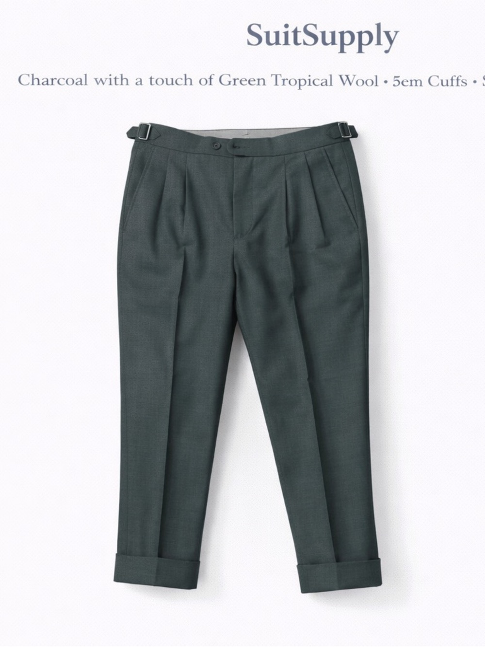 Suitsupply Dark Green Tropical Wool Pleated Men’s Trousers - 28 to 32